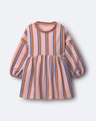 Toddler Girl Balloon-Sleeve Dress in Stripes - Pink/Brown/Blue