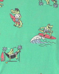Boys Alligator Surfing 100% Cotton 4-Piece Pajama Set - Green