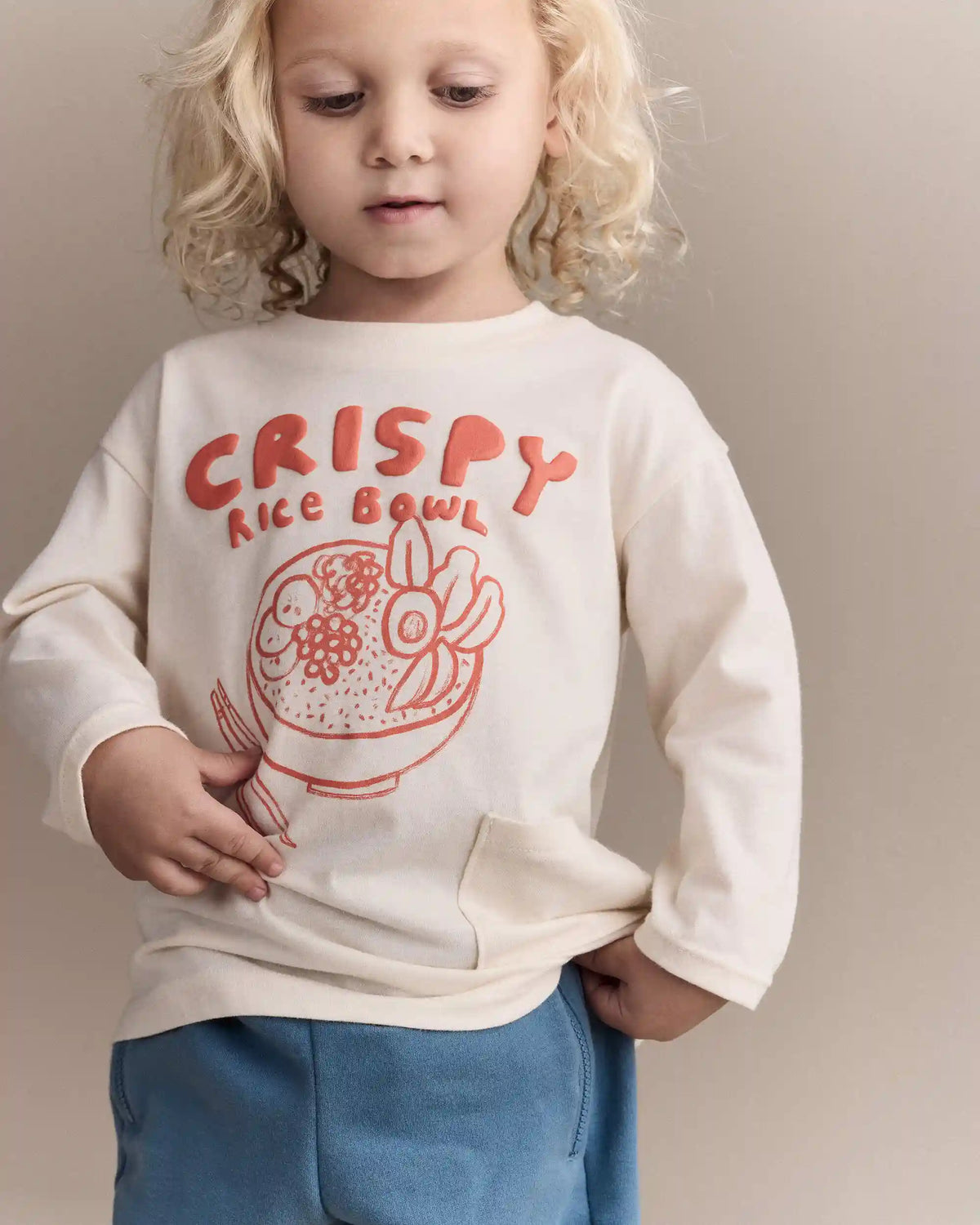 Toddler 'Crispy Rice Bowl' Long-Sleeve Relaxed Graphic Tee - Cream