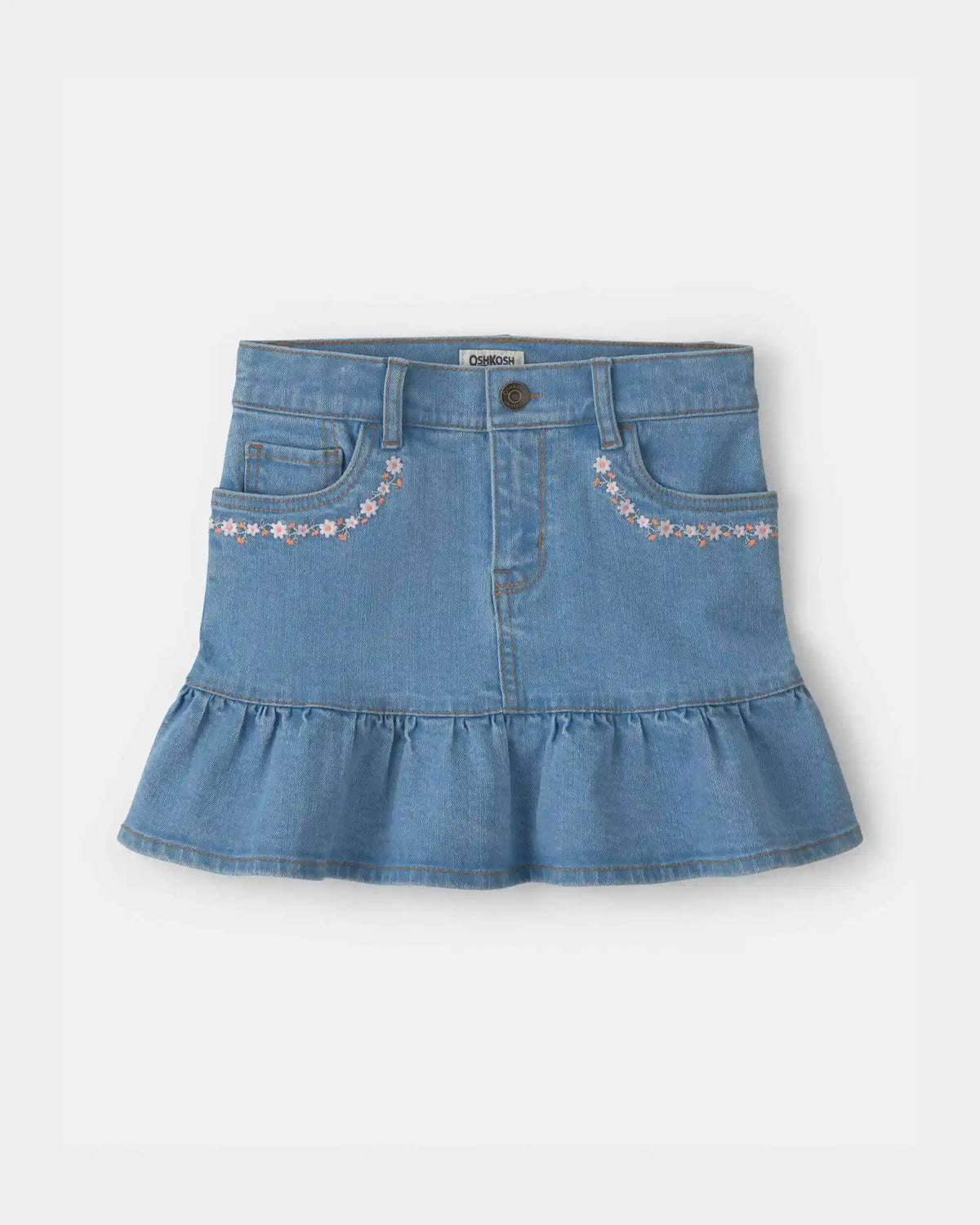 Girls Floral Denim Ruffle Skirt - Medium Wash