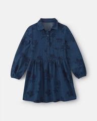 Girls Floral Denim Long-Sleeve Dress - Dark Wash