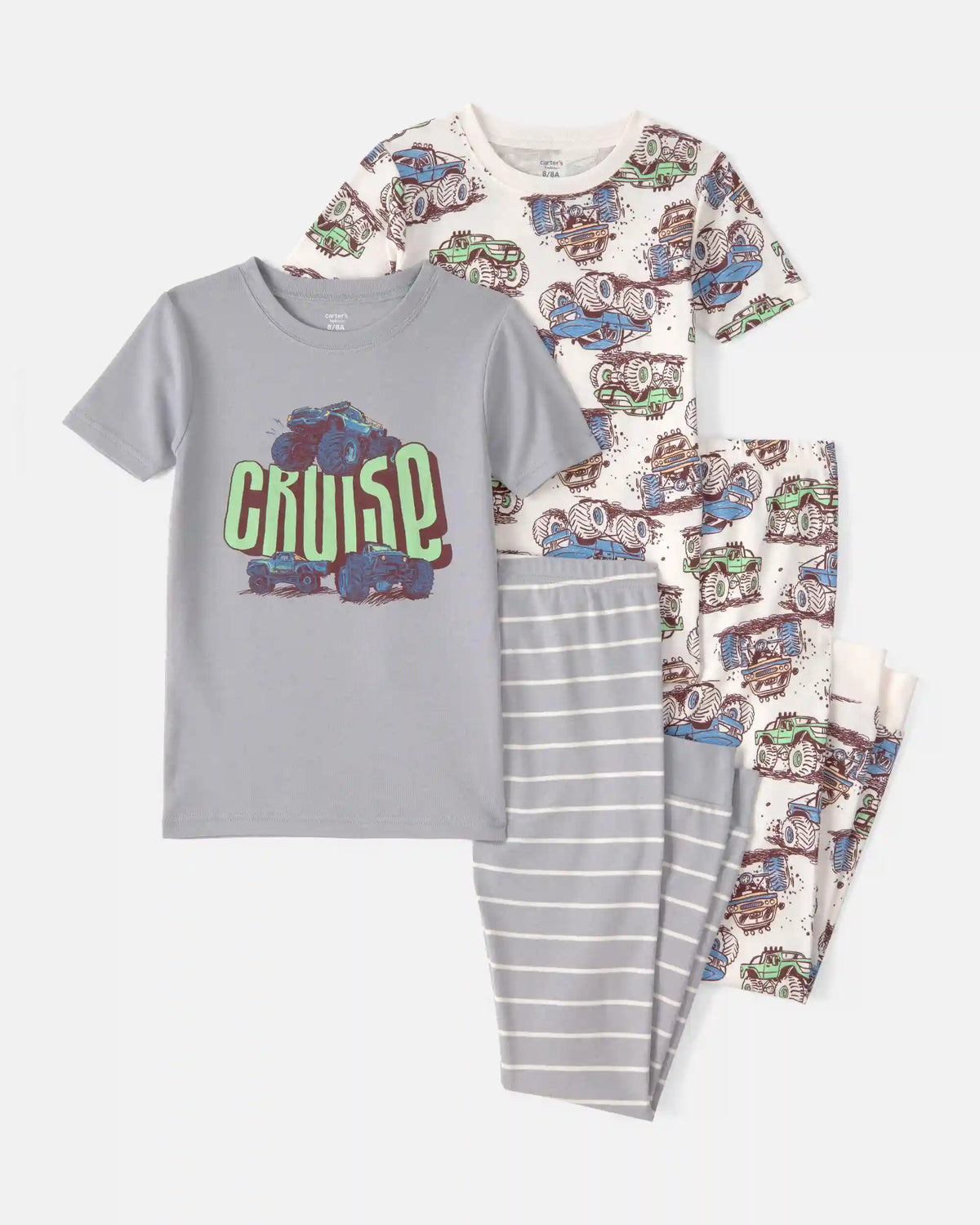 Boys Monster Truck 100% Cotton Snug Fit 4-Piece Pajama Set - Grey
