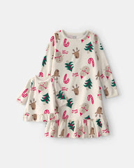 Girls 2-Piece Christmas Icon Fleece Loose Fit Night Gown & Doll Gown - Cream