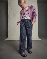 Girls Floral Denim Wide-Leg Pants - Dark Wash