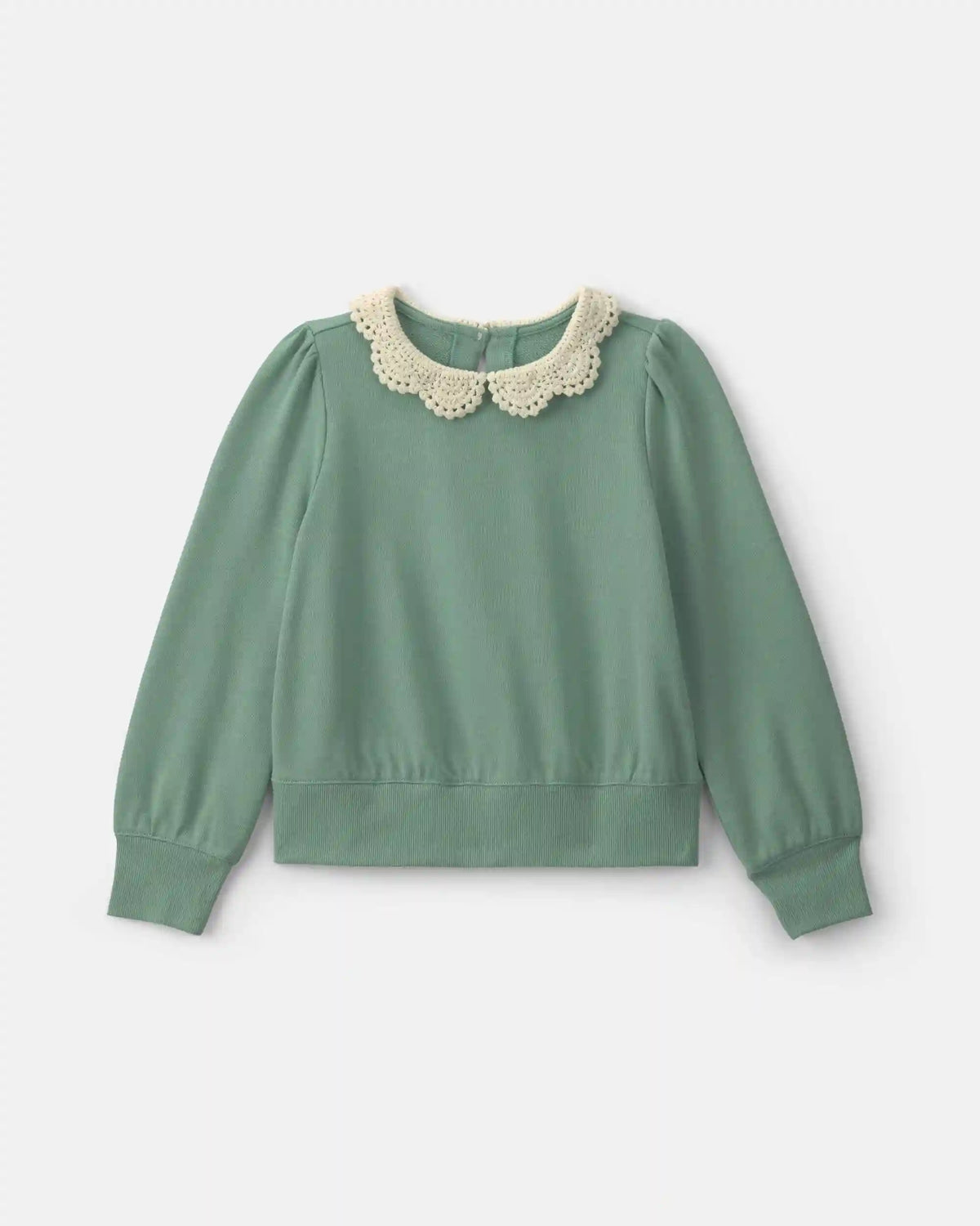 Girls Floral Collar French Terry Pullover Sweatshirt - Green