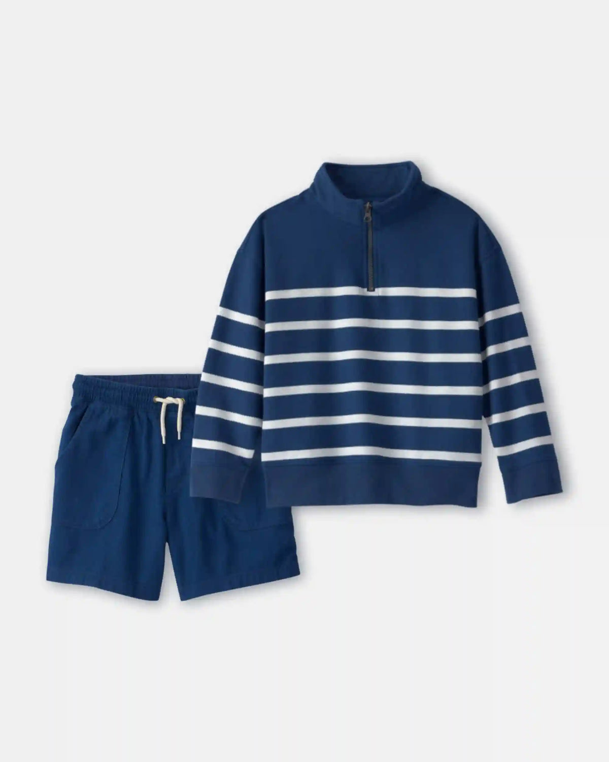 Boys 2-Piece Striped French Terry Quarter-Zip Pullover & Shorts Set - Navy