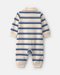 Baby Boy Striped French Terry Long-Sleeve Jumpsuit - Blue/Cream