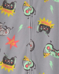 Boys 1-Piece Gamer Fleece Loose Fit Footed Pajama - Grey