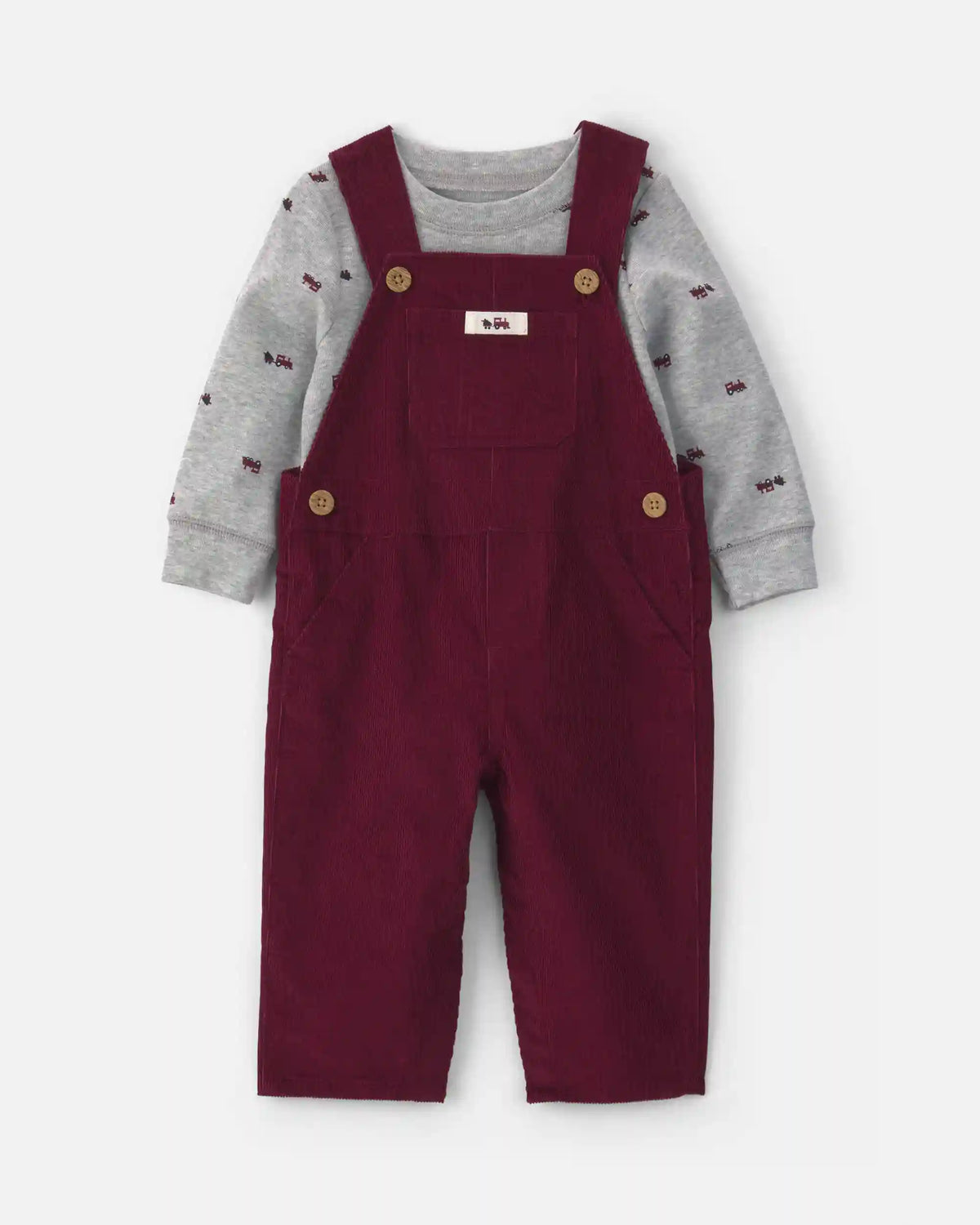 Baby Boy 2-Piece Holiday Corduroy Long-Sleeve Overall Set - Burgundy/Grey