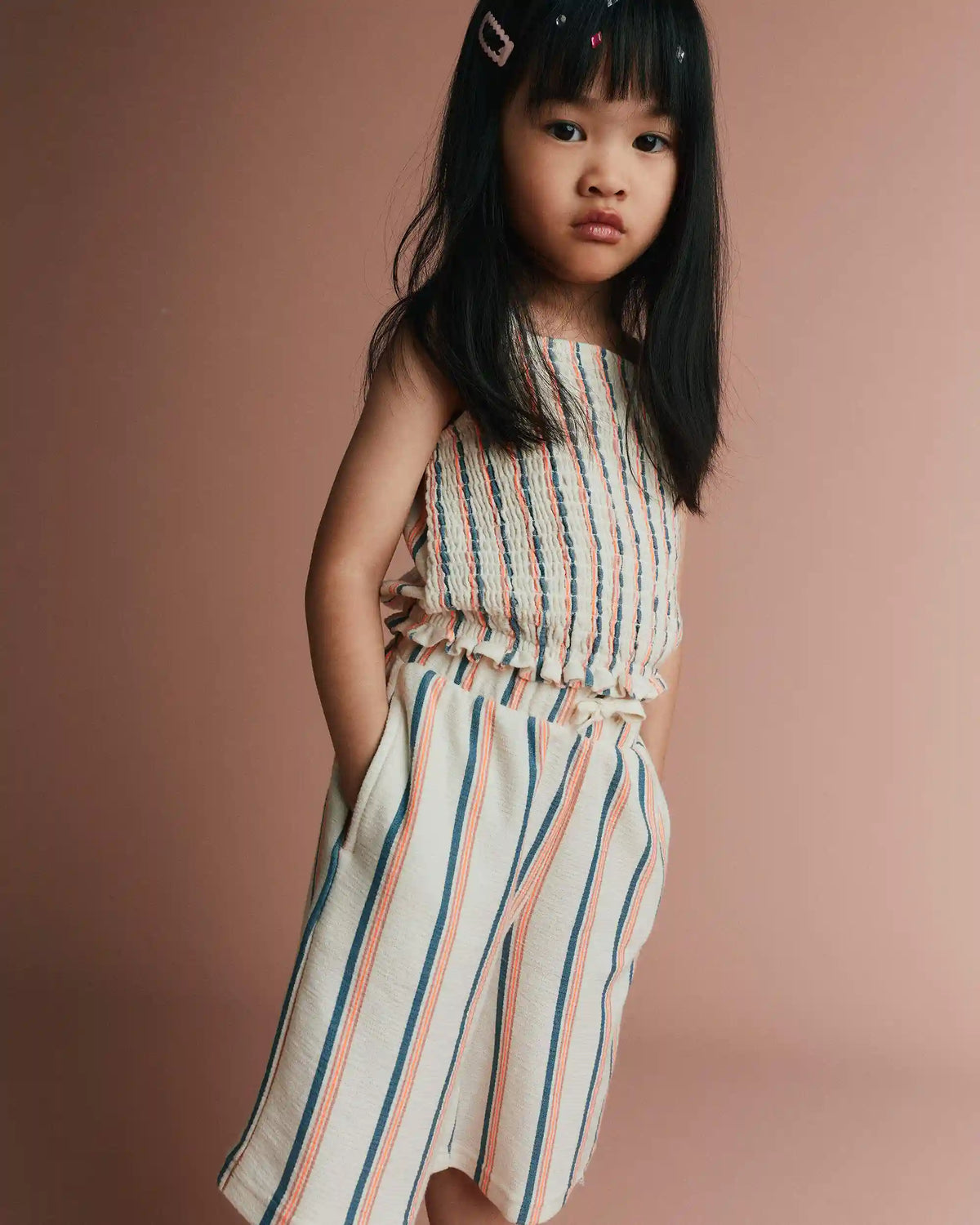Toddler Girl Smocked Top in Stripes - Cream