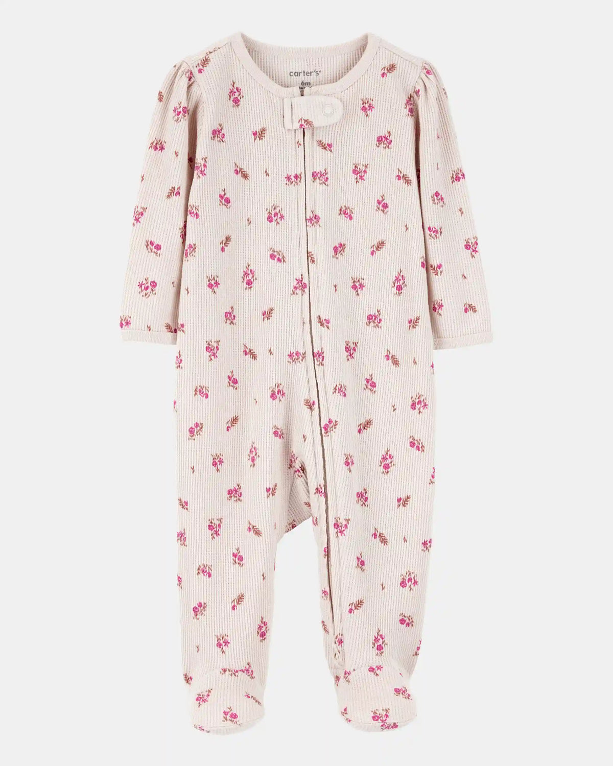 Baby Girl Floral 2-Way Zip Waffle Knit Sleep & Play Pajamas - Khaki