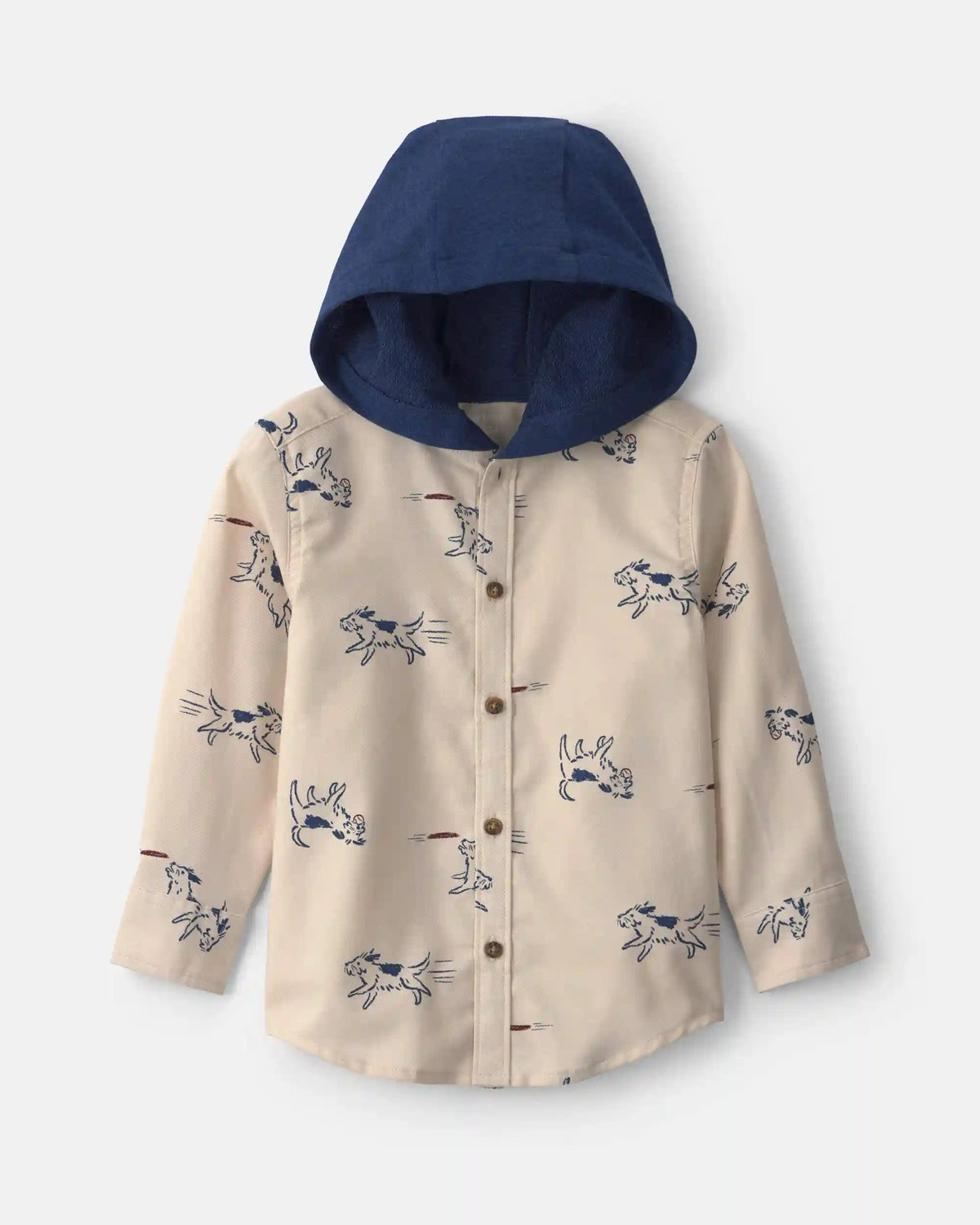 Toddler Boy Dog Long-Sleeve Button-Down Hooded Shirt - Cream/Navy Blue