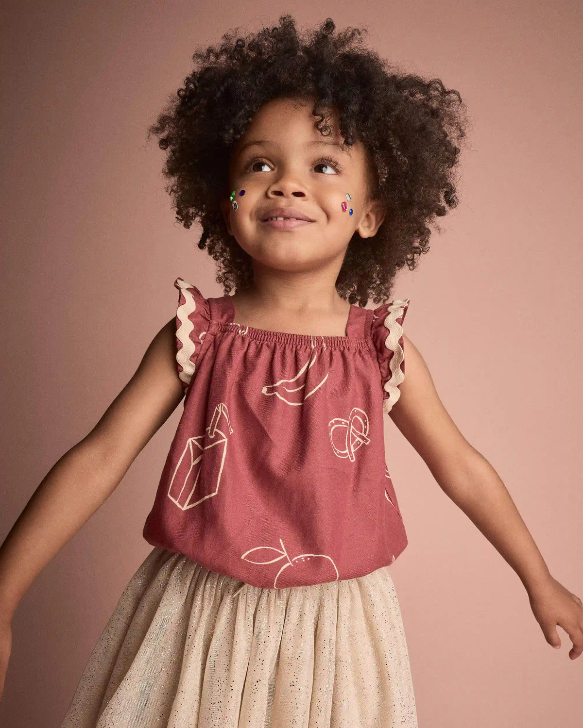 Toddler Girl Ruffle Peplum Top in Snack Print - Red