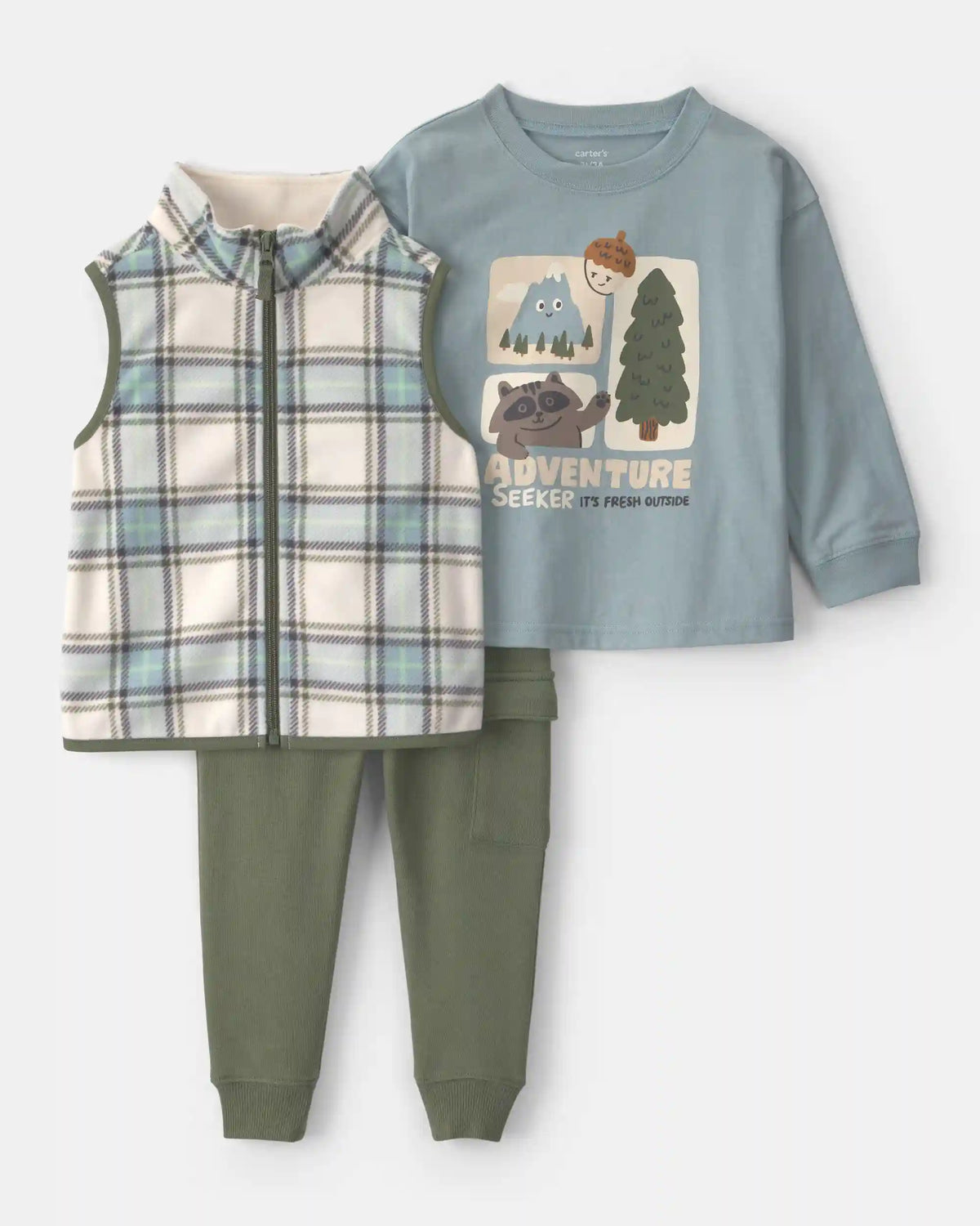 Toddler Boy 3-Piece 'Adventure' Car Long-Sleeve Top & Pant Set - Blue/Green/Cream