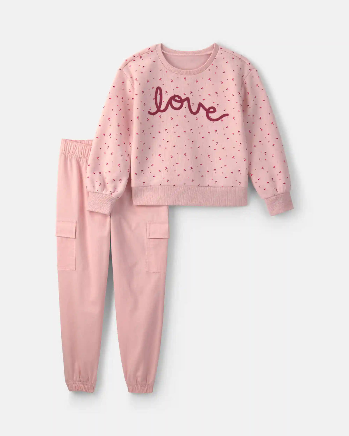 Girls 2-Piece 'Love' Fleece Pullover & Pant Set - Pink