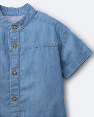 Toddler Boy Mandarin Collar Button-Down Shirt in Chambray