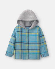 Toddler Boy Plaid Flannel Hooded Button-Down Shirt - Blue/Yellow/Grey