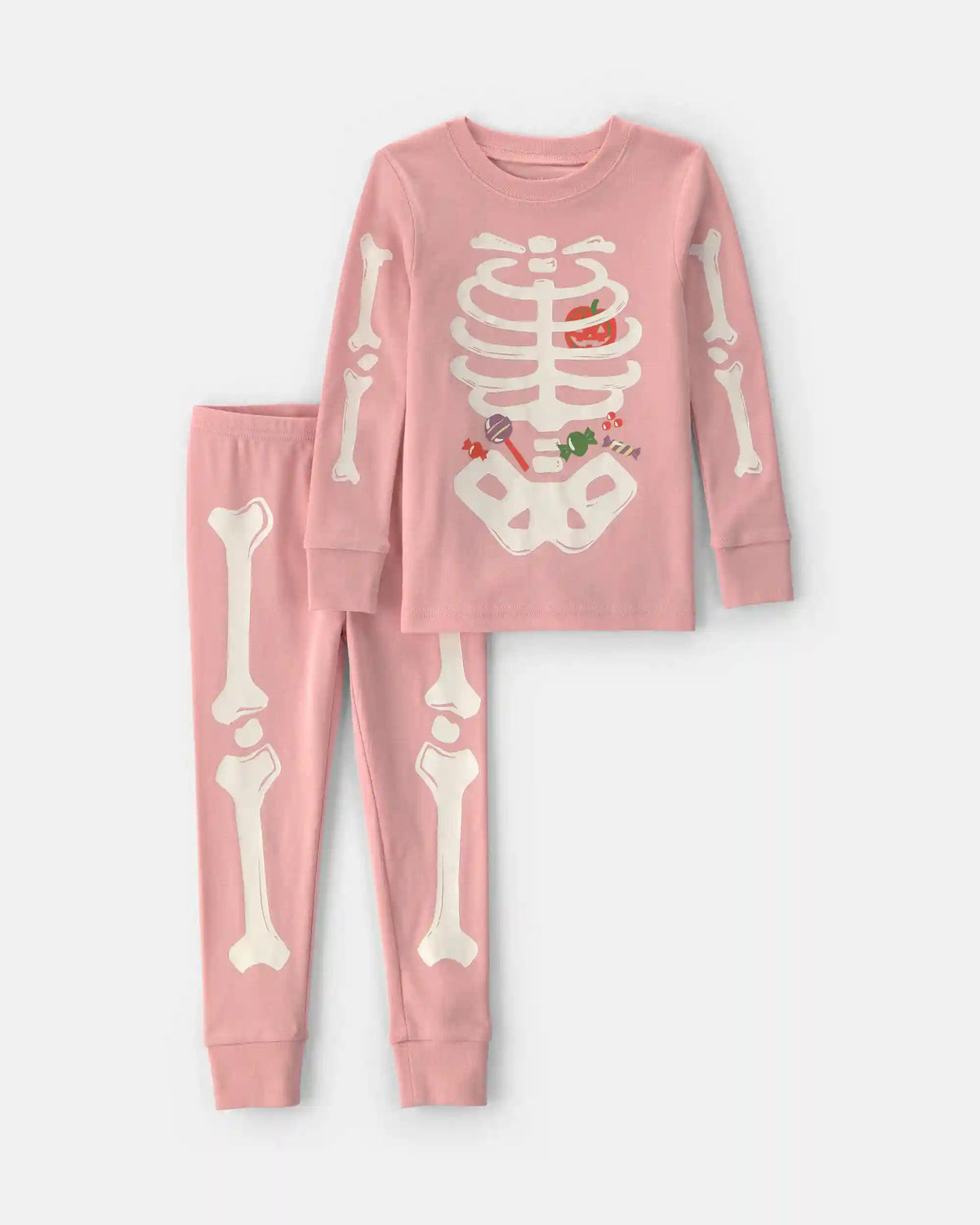 Baby Girl 2-Piece Halloween Glow in the Dark Skeleton 100% Cotton Snug Fit Pajama Set - Pink