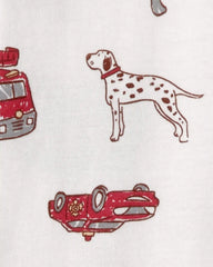 Toddler Boy Firetruck 100% Cotton Snug Fit 1-Piece Pajama - White