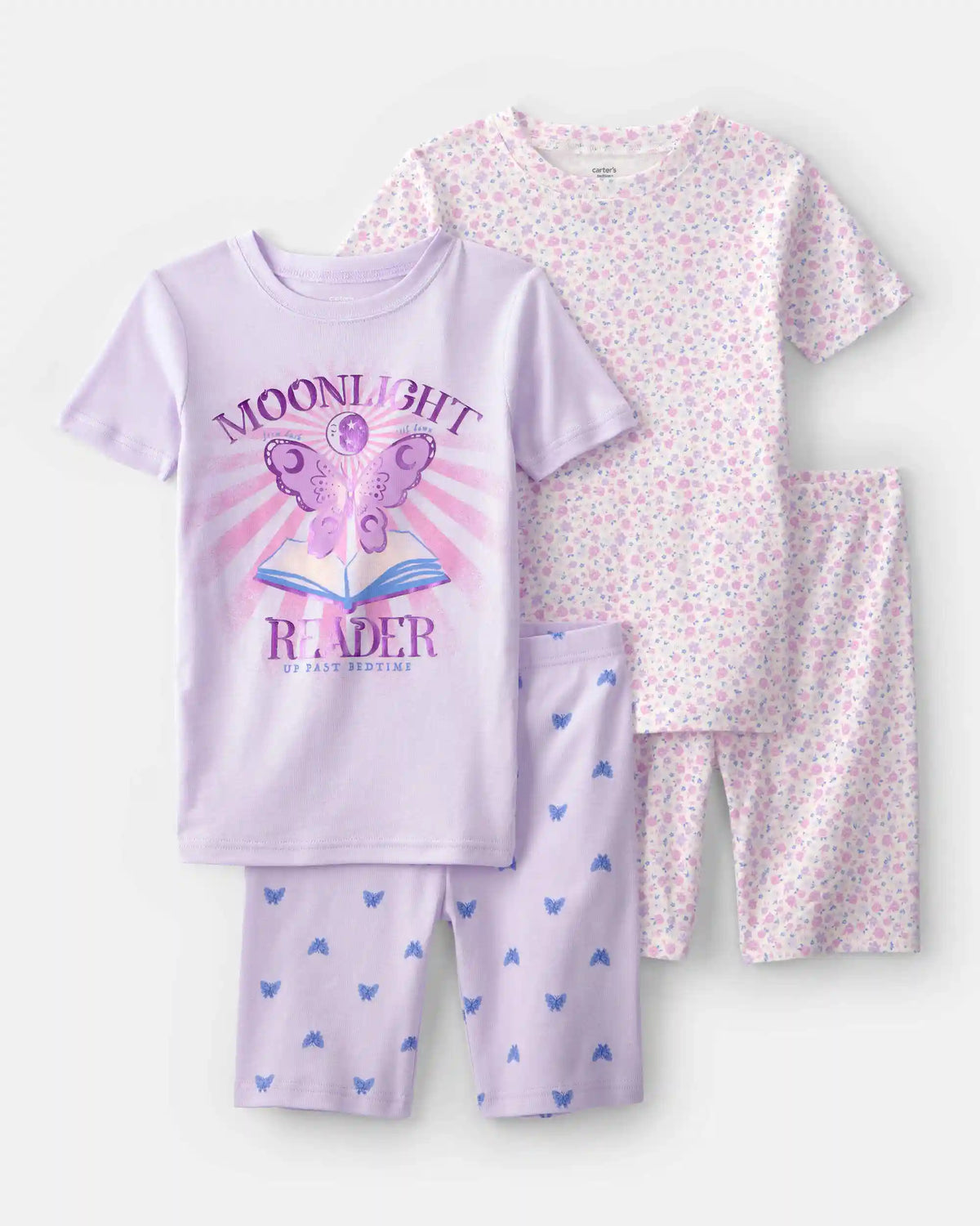 Girls Butterfly Floral 100% Cotton Short-Sleeve Snug Fit 4-Piece Pajama Set - Purple