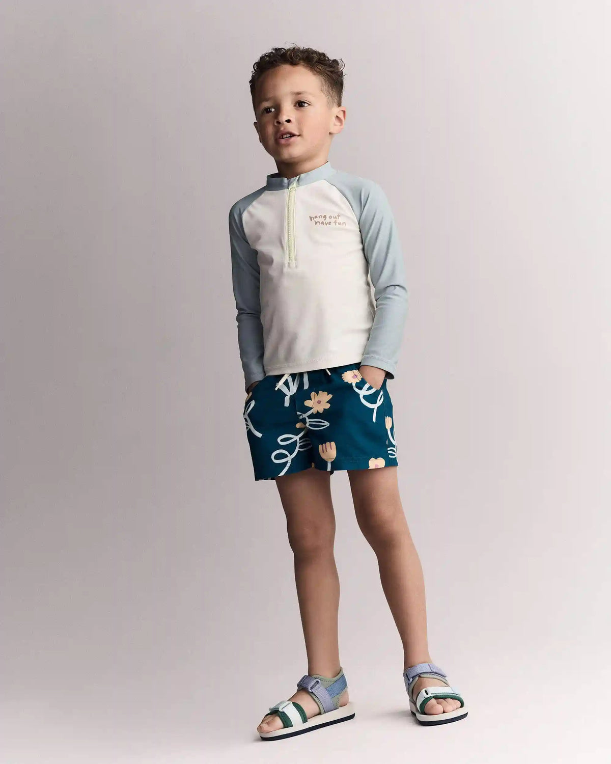 Toddler Boy Swim Trunk in Floral Print - Teal